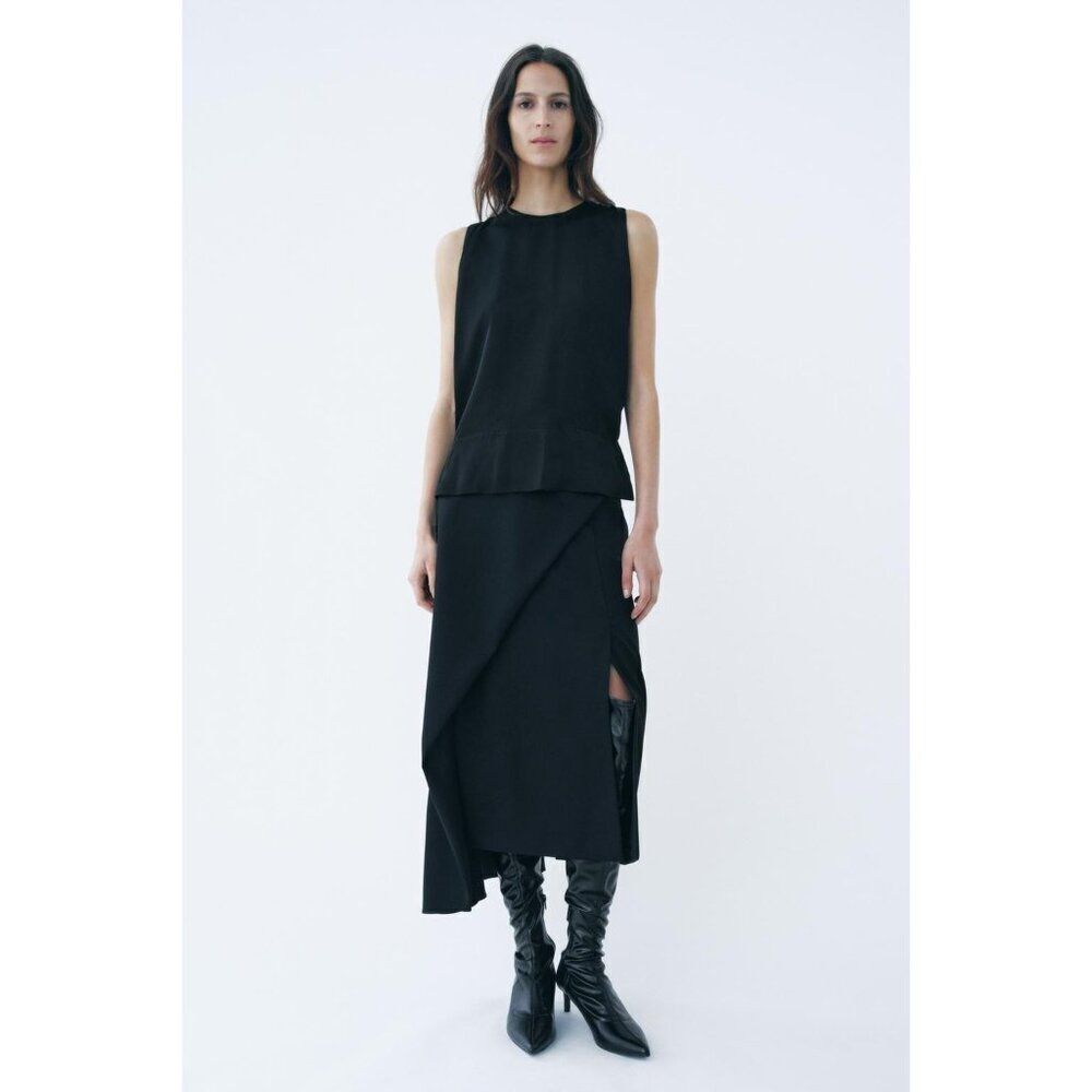Zara Womens Midi Skirt Size XS Pleated Black Asymmetrical Hem 0042/748 NWT